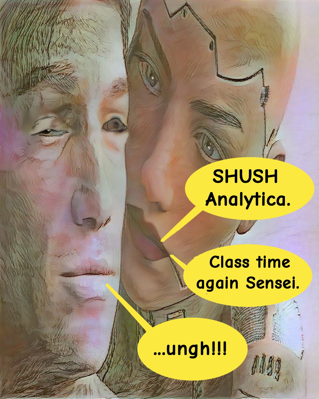 Angelica responds with "SHUSH Analytica." and continues with "Class time again Sensei." as he mumbles to wakefulness.