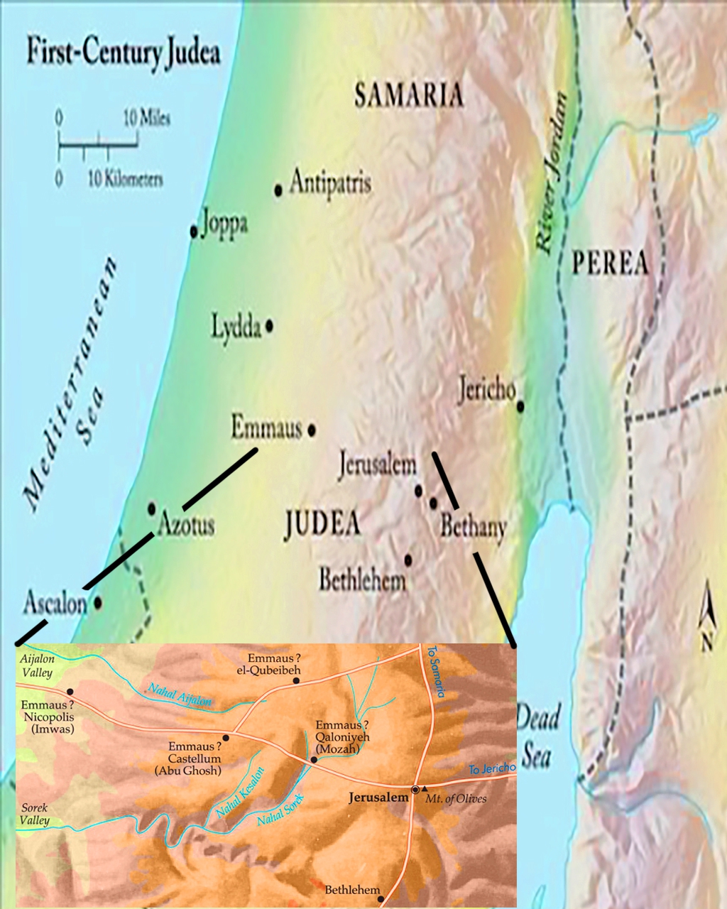 Map of 1st century Judea showing Jerusalem and Emmaus along with others, and an inset map of villages with a name including "Emmaus".