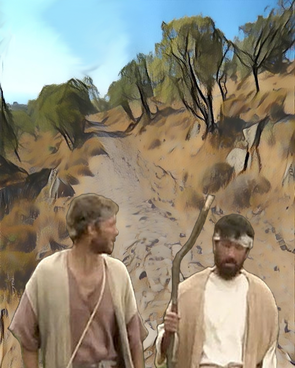 The two disciples walking towards us on the road to Emmaus.