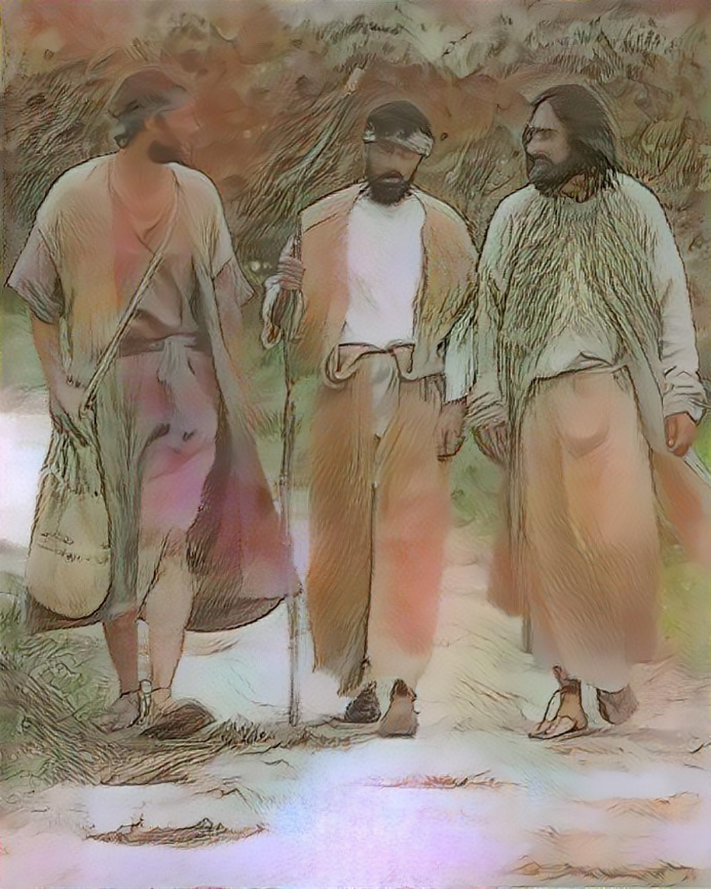 They are joined by Jesus and the three are now walking and conversing together.