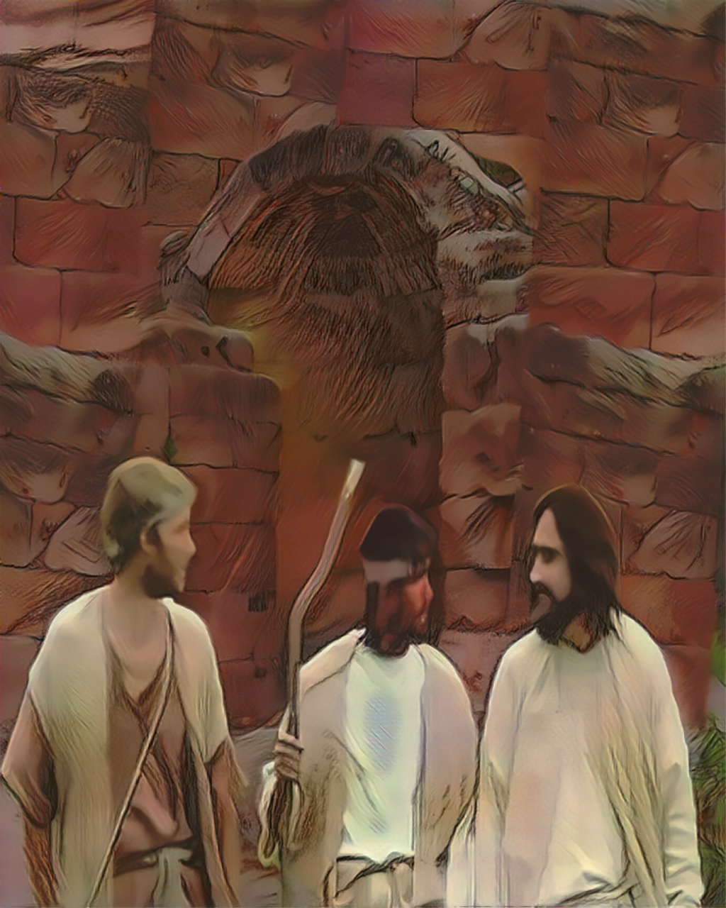 Jesus and the two disciples outside an arched entryway as they ask him to stay with them and share a meal.