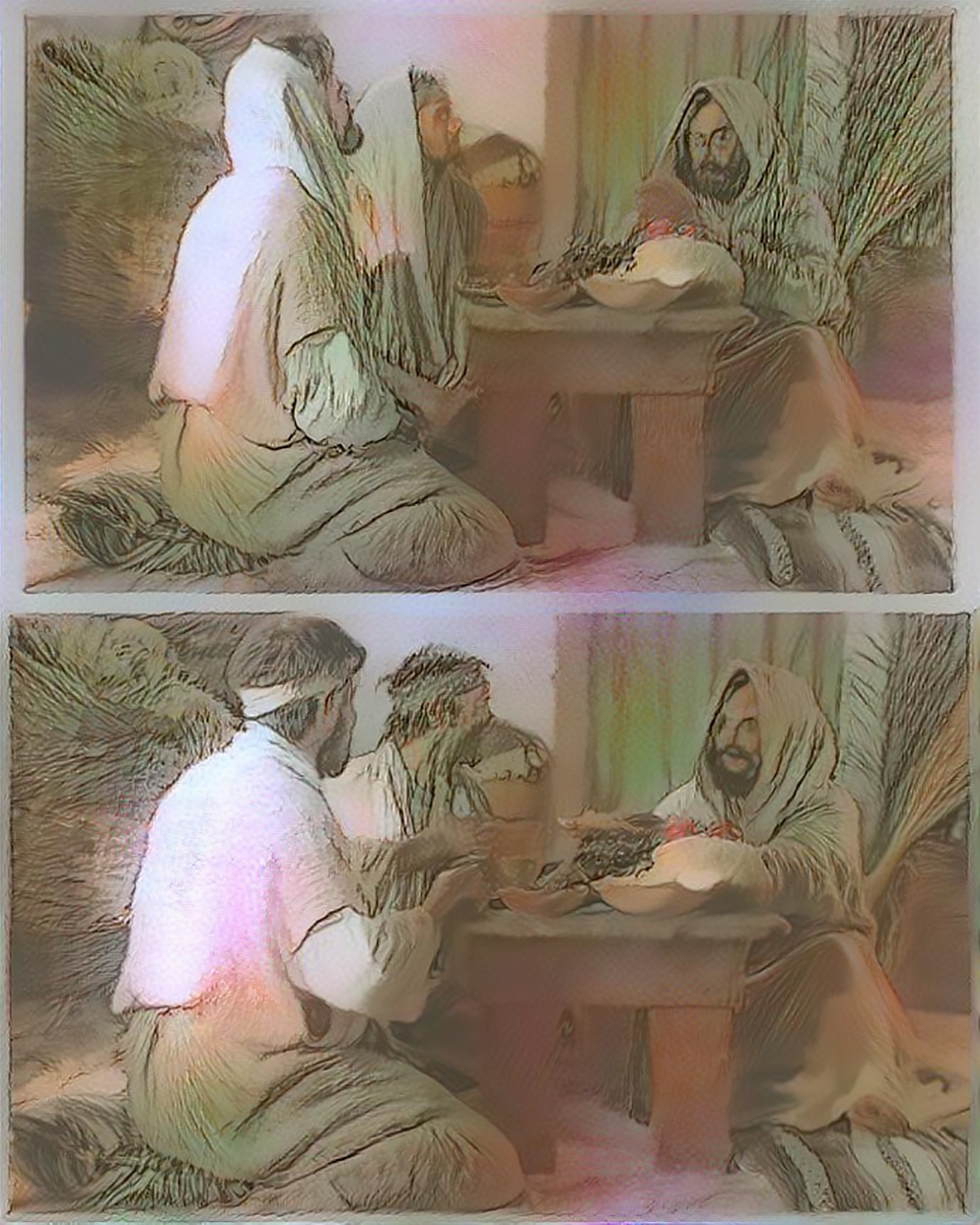 Then Jesus took the bread and broke it with benedictions, after which he offered it to the two.