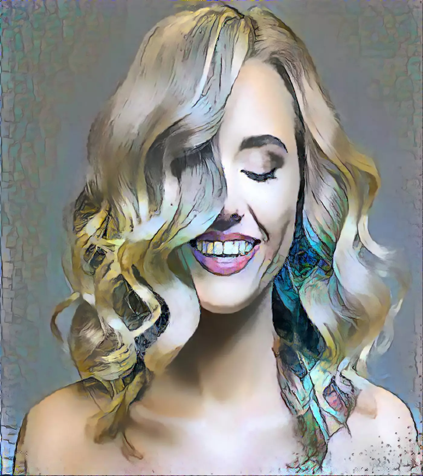 Karen, a pretty blonde haired girl with long curly locks, she is laughing.