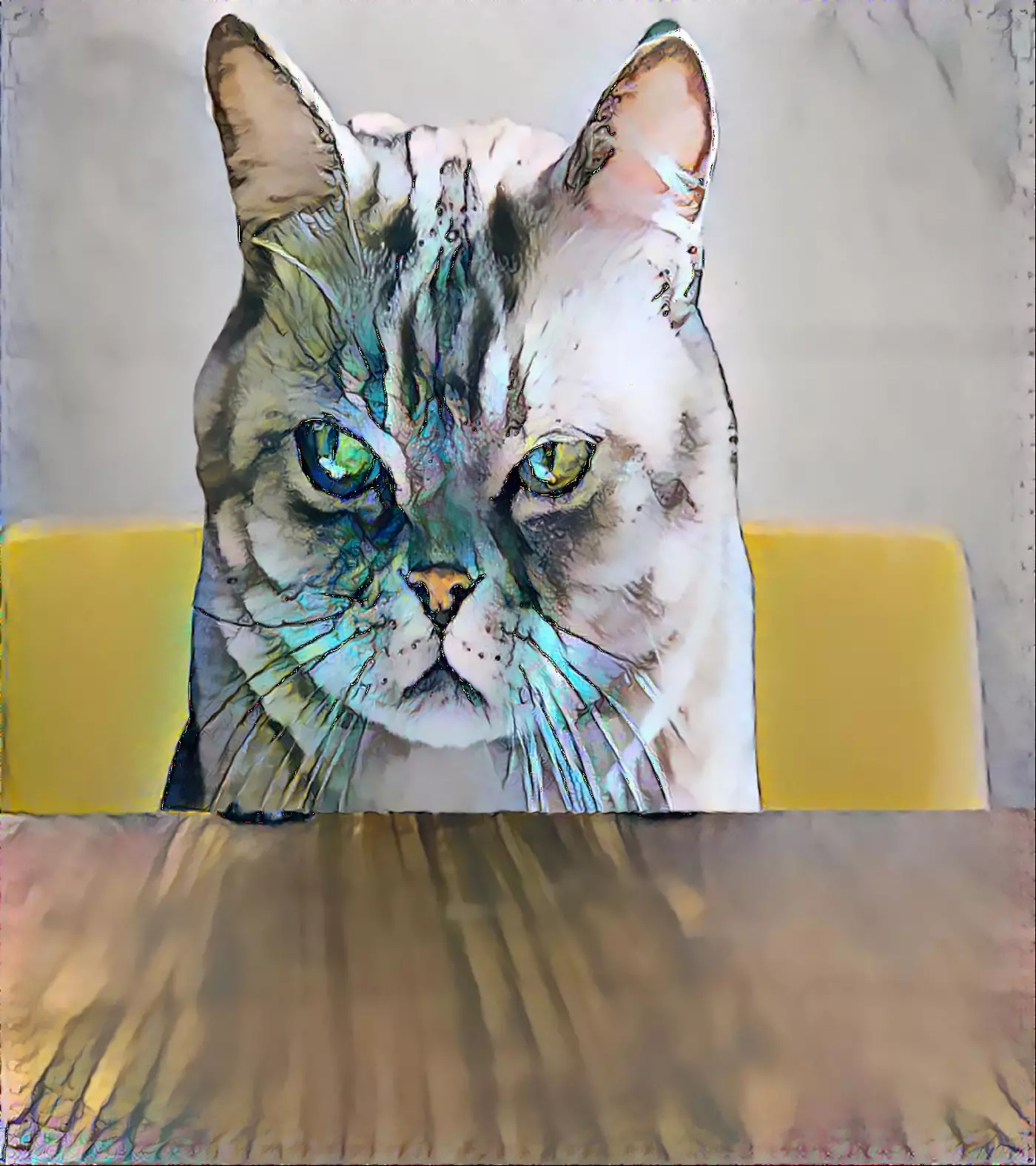 Cat seated across the table from us with a scowling expression.