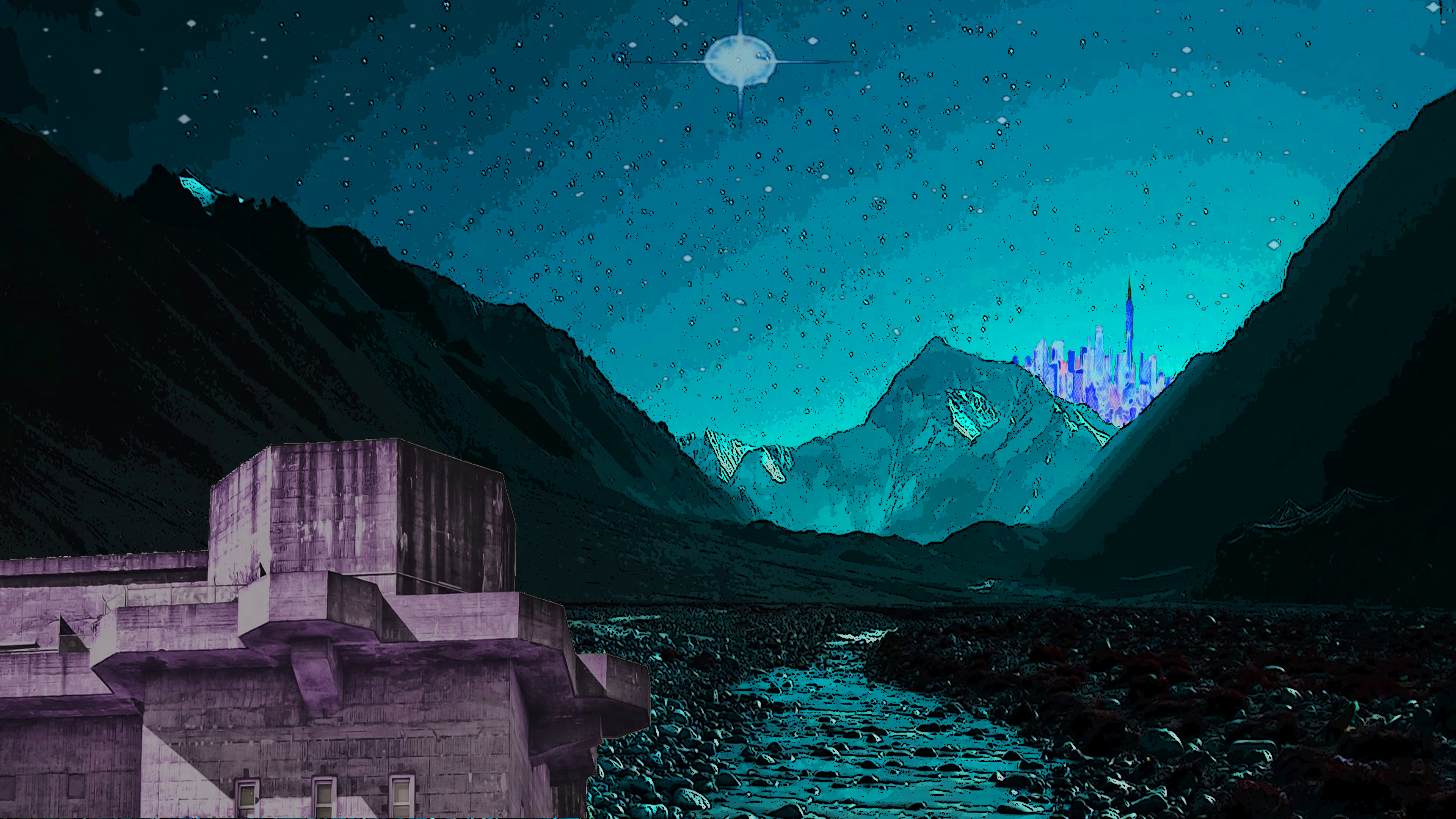 fortress like building in valley on distant planet at night, city in the mountain background
