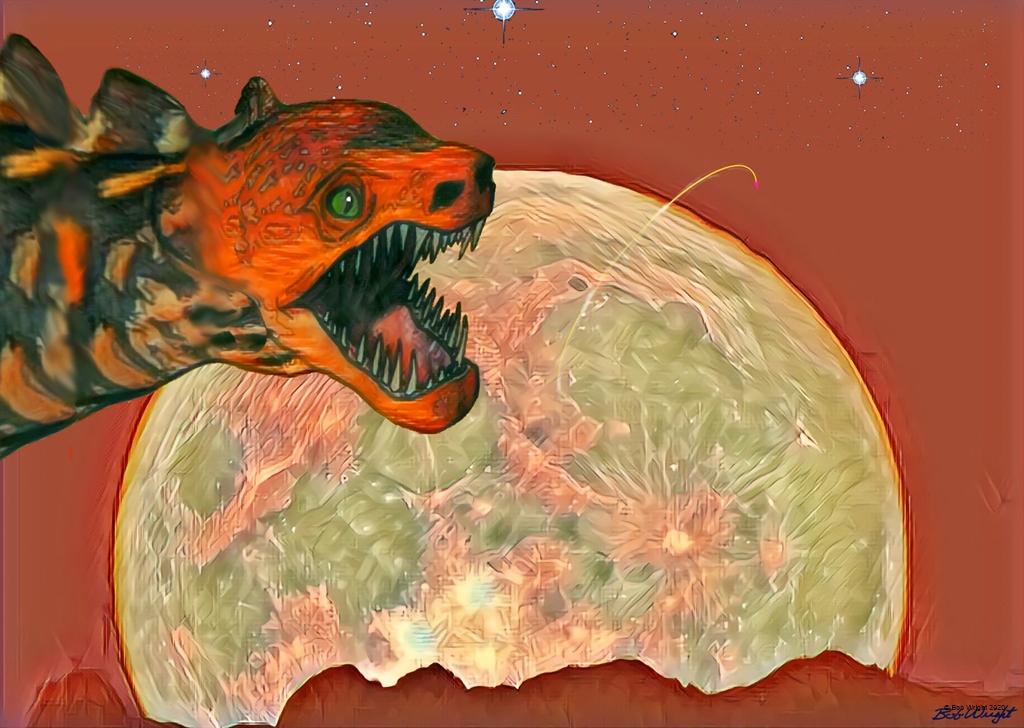 red dinosaur warning that rocket launch on another planet warns invasion is coming and Happy Epoch will end