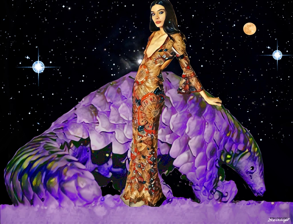 woman leaned against large purple pangolin beast, the Saddle Pangolin
